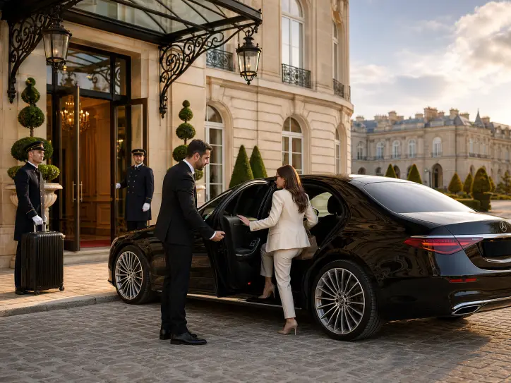 Client entering a black Mercedes S-Class with chauffeur and hotel staff at Trianon Palace Versailles